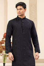 Raivat Ethnic Men's Art Silk Thread Work Kurta Pyjama In Black Colour | Grocsy