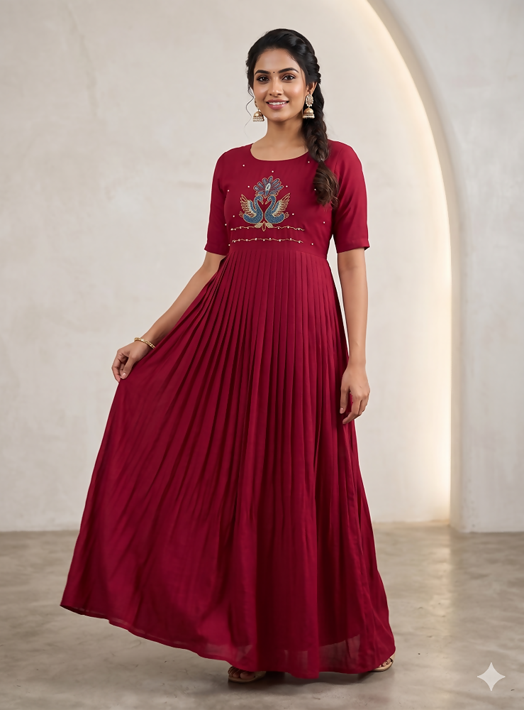 Teeya Creation Women's New Trendy Rani Pink Pleated Maxi Dress with Intricate Peacock Beadwork | Grocsy