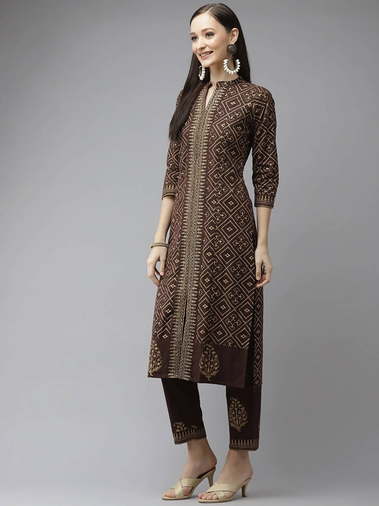Yufta Women Brown Printed Panelled Beads and Stones Pure Cotton Kurta with Trouser & With Dupatta | Grocsy