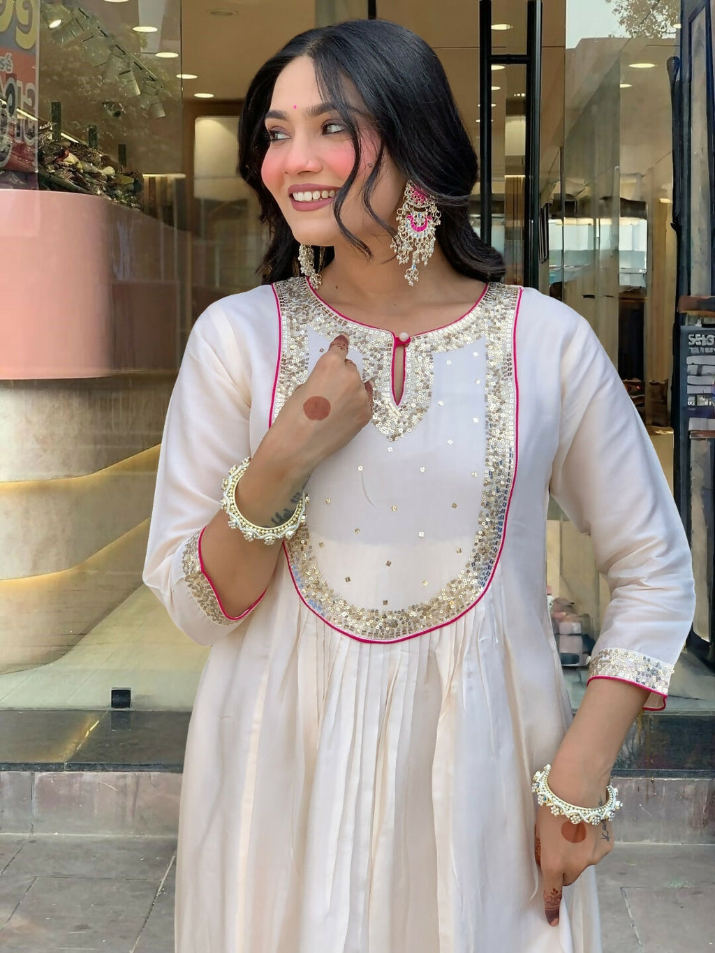 The52 White Women's Gorgeous Embroidered Work Chanderi Fabric Flared Kurta Pant and Dupatta Set | Grocsy