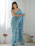 PR Fashion Light Blue Georgette Digital Print With Mirror Work Saree | Grocsy