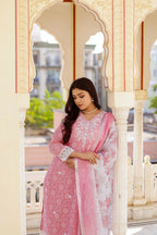 Vaasva Women Candy Pink Linen Printed Kurta, Pant & Dupatta set | Grocsy