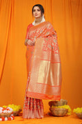 Jyoti Fashion Women's Orange Kanjivaram Silk Zari Woven Saree with Blouse | Grocsy
