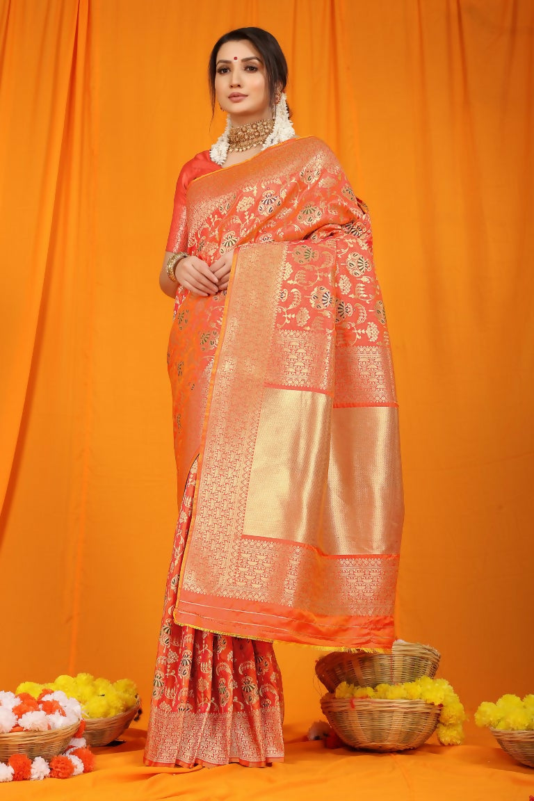 Jyoti Fashion Women's Orange Kanjivaram Silk Zari Woven Saree with Blouse | Grocsy