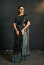 Black Silk Crepe Georgette Cord Sequence & Thread Embroidered & Moti Work Saree - Moh-Manthan Royal Enigma | Grocsy
