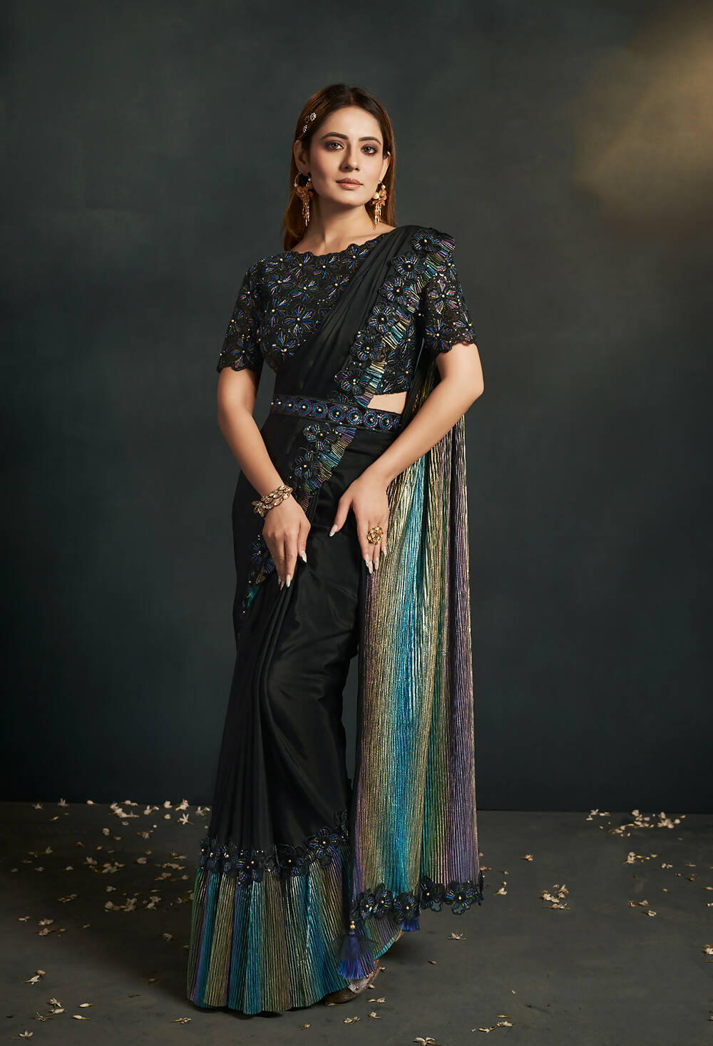 Black Silk Crepe Georgette Cord Sequence & Thread Embroidered & Moti Work Saree - Moh-Manthan Royal Enigma | Grocsy