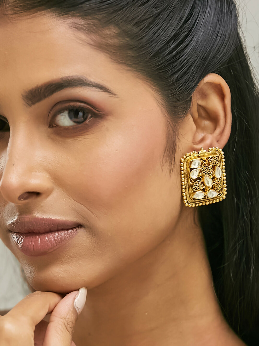 Nuyug 22K Gold-Plated Kundan & Filigree Concept Rectangular Leafy Studs | Grocsy