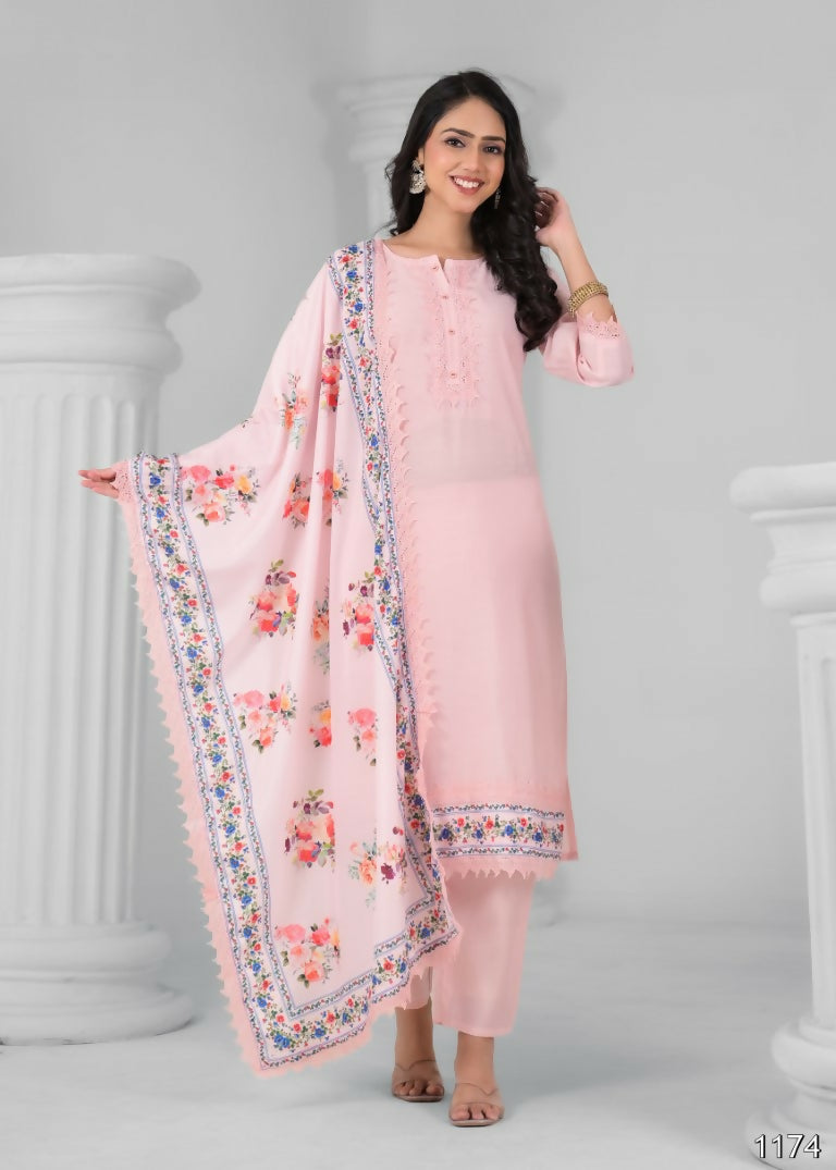 Ethnic Festive Wear Chanderi Viscose Light Peach Stitched Suit With Dupatta - Tanisha | Grocsy