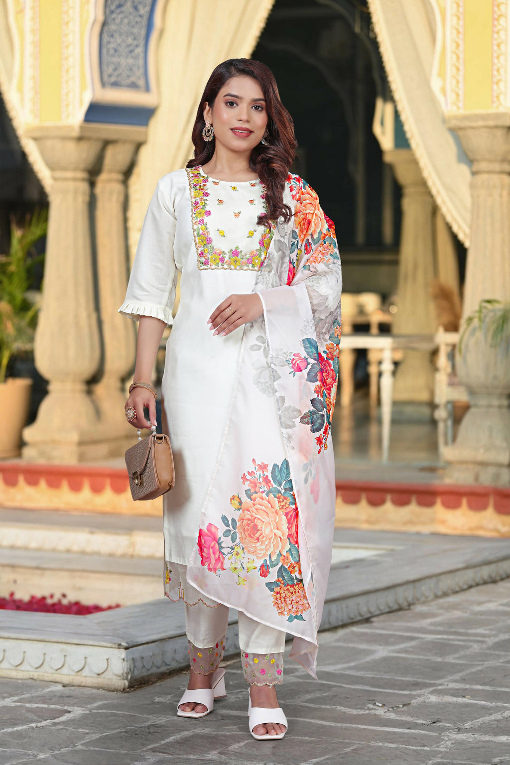 The52 Women's Beautiful Chanderi Fabric Embroidery Work Straight Kurta Pant and Dupatta Set | Grocsy