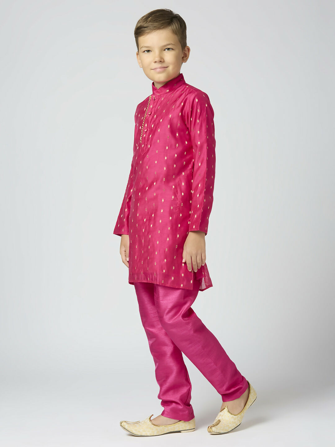 Joban Fashion Kids Island Full Sleeves Chanderi Kurta, Pyjama Set with Traditional Butta Work - Rani Pink | Grocsy