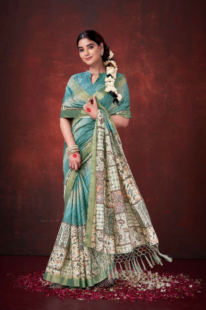 Sky Blue Poly Habotai Silk Foil Print Saree with Unstitched Blouse - Kathari | Grocsy