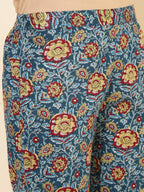 Janasya Women's Blue Cotton Floral Printed Casual Flared Kurta Set | Grocsy
