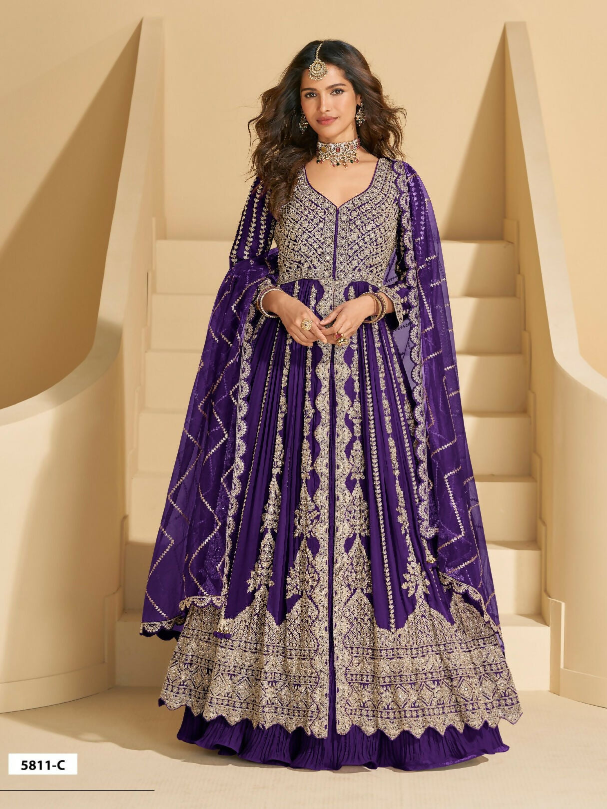 Anaita Violet Chinon Readymade Anarkali Lehenga with Heavy Embroidery Work | Grocsy