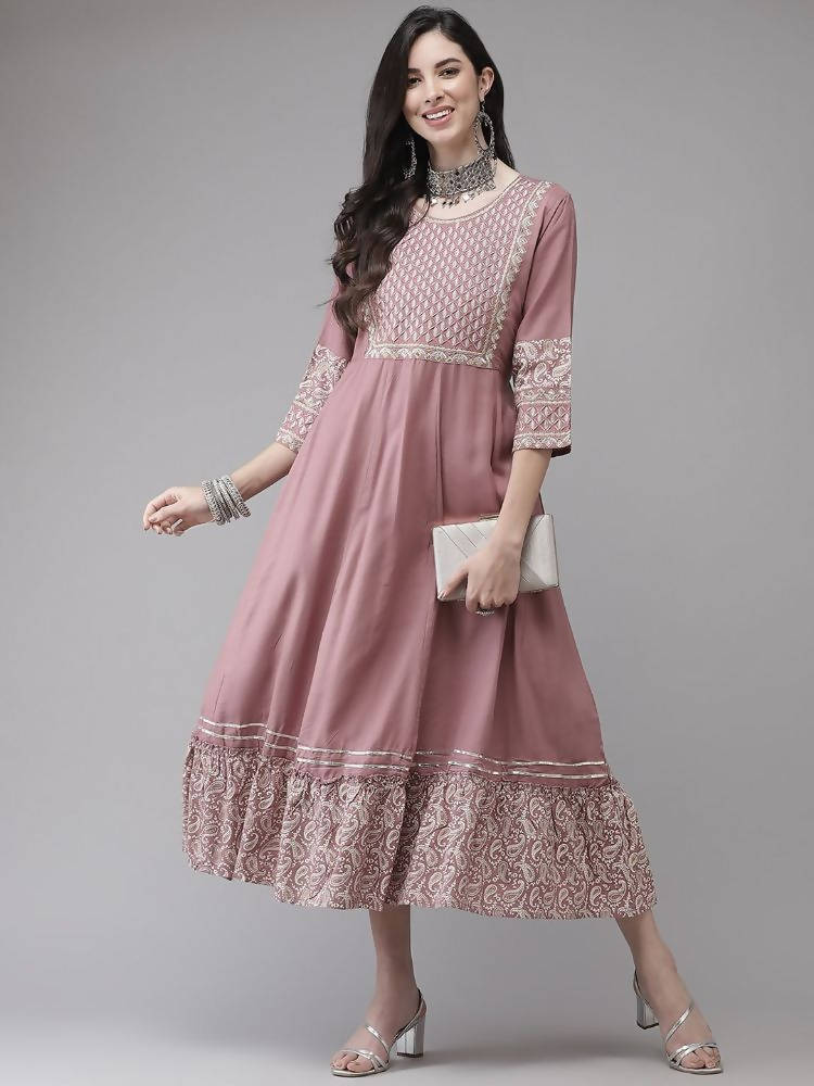 Yufta Pink Embroidered Ethnic Midi Dress | Grocsy