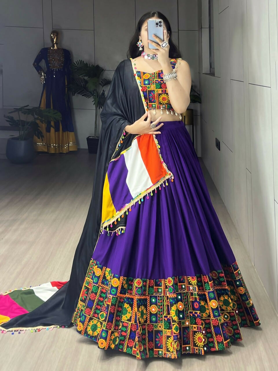 Yash Enterprise Purple Rayon Cotton Embroidery Semi Stitched Navratri Chaniya Choli | Grocsy