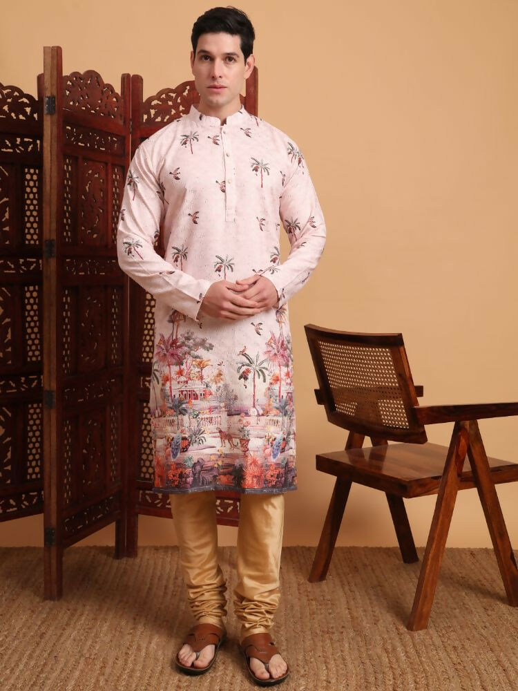 Peach Cotton Printed Chikankari Embroidery Work Kurta - Mahotsav | Grocsy