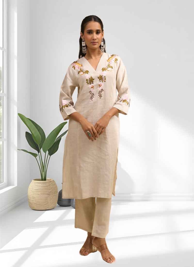 Joban Fashion Beige Linen Embroidered Readymade Long Kurta With Pant | Grocsy