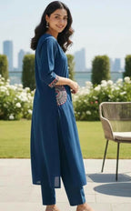 Miravan Womens Blue Straight Kurta With Palazzo Set | Grocsy