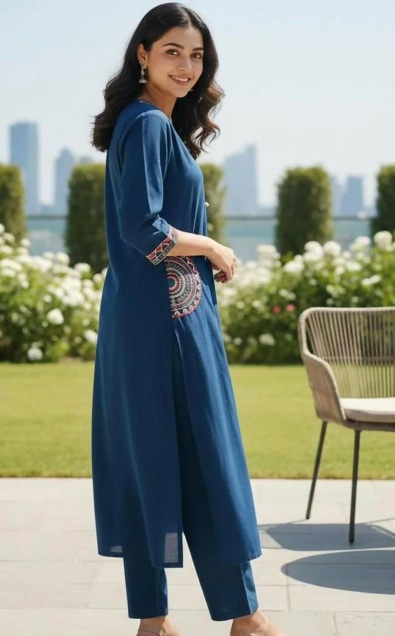 Miravan Womens Blue Straight Kurta With Palazzo Set | Grocsy
