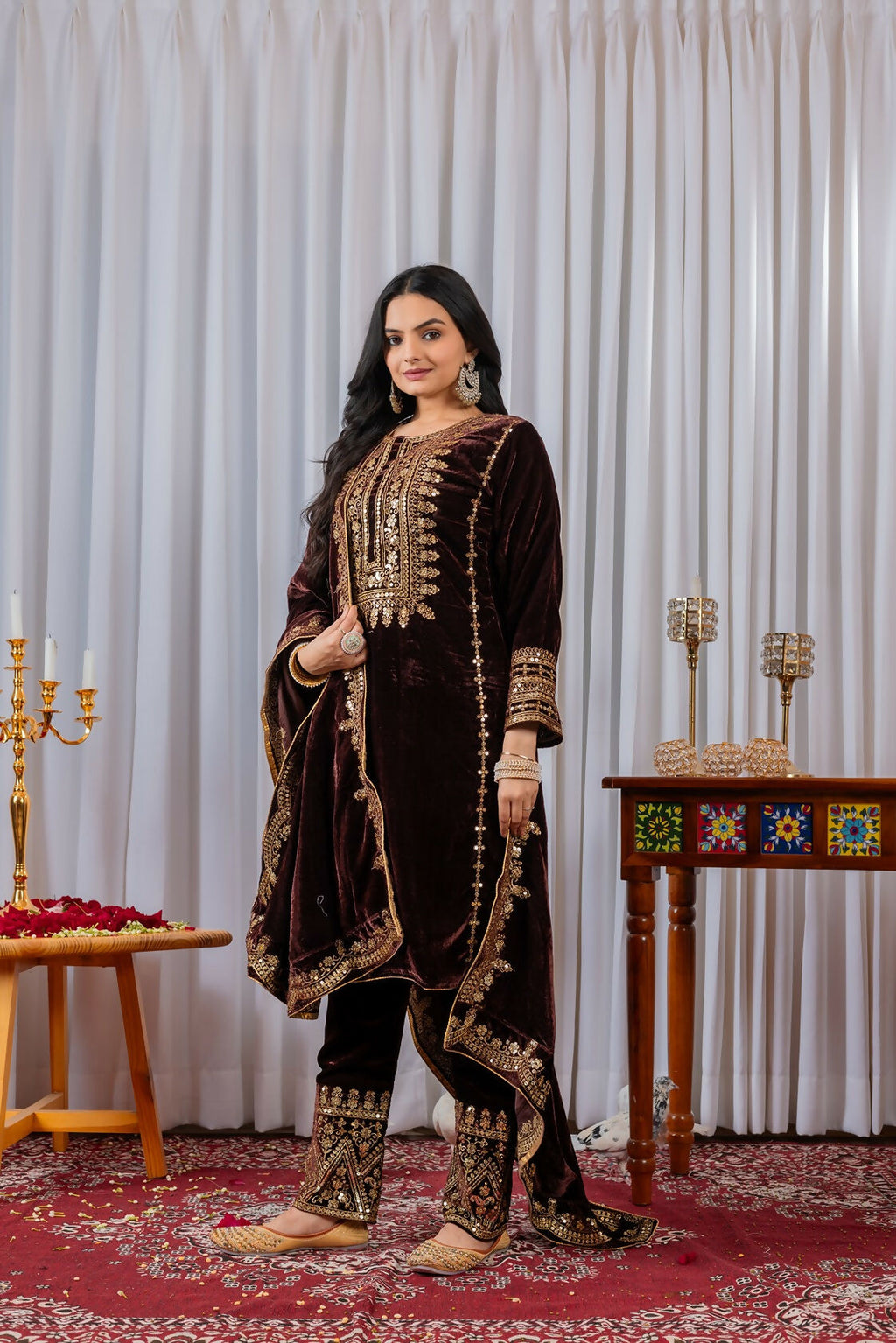 Joban Fashion Wine Velvet Sequence Embroidery Work Kurta Set | Grocsy