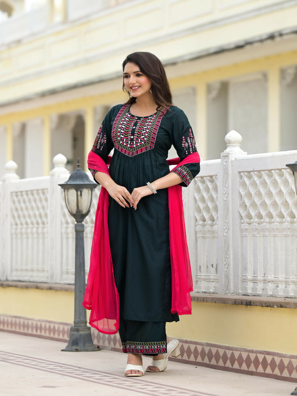 Juniper Women's Green Solid Nylon Kurta Pant With Dupatta Set With Thread & Mirror Work | Grocsy