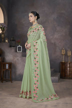 Vastranavya Green Soft Crush Georgette Thread Embroidery work of Leaf Pattern with Patched Lace Border Saree | Grocsy
