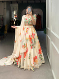 Vastranavya Floral Printed Georgette Lehenga Set With Thread Work Unstitched Choli - Cream | Grocsy