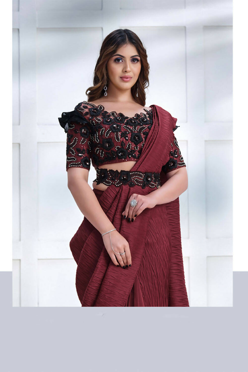 Maroon Crepe Silk Georgette Texture with Cord, Sequence Embroidered & Stone work Saree - Mohmanthan Majestica | Grocsy