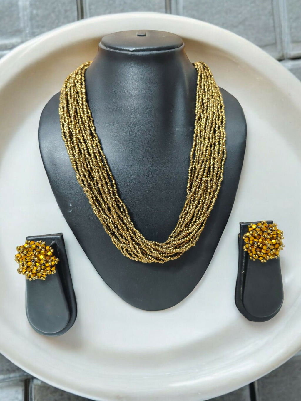 Inhanns Vibrant Handmade 20 Layers Beaded Necklace With Matching Earrings - Golden | Grocsy