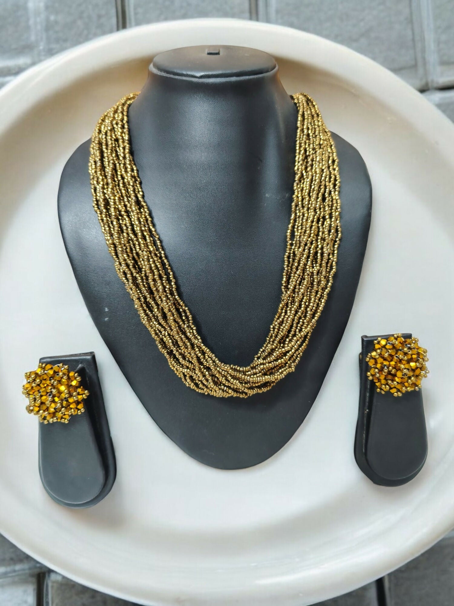 Inhanns Vibrant Handmade 20 Layers Beaded Necklace With Matching Earrings - Golden | Grocsy