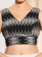 Joban Fashion Black Ikat Silk Padded Blouse With V Neck Sleeveless | Grocsy