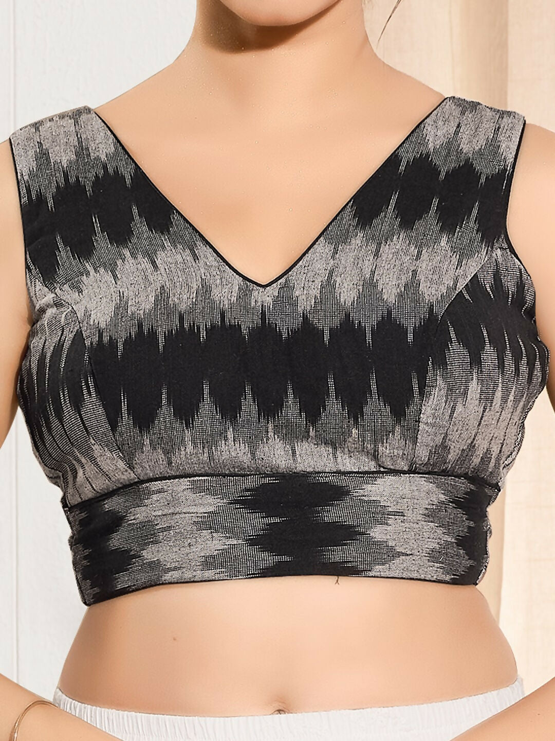 Joban Fashion Black Ikat Silk Padded Blouse With V Neck Sleeveless | Grocsy