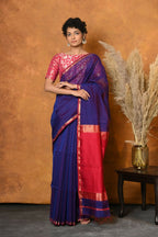Very Much Indian Handloom Pure Cotton Silk Saree With Sleek Golden Border - Indigo Blue | Grocsy
