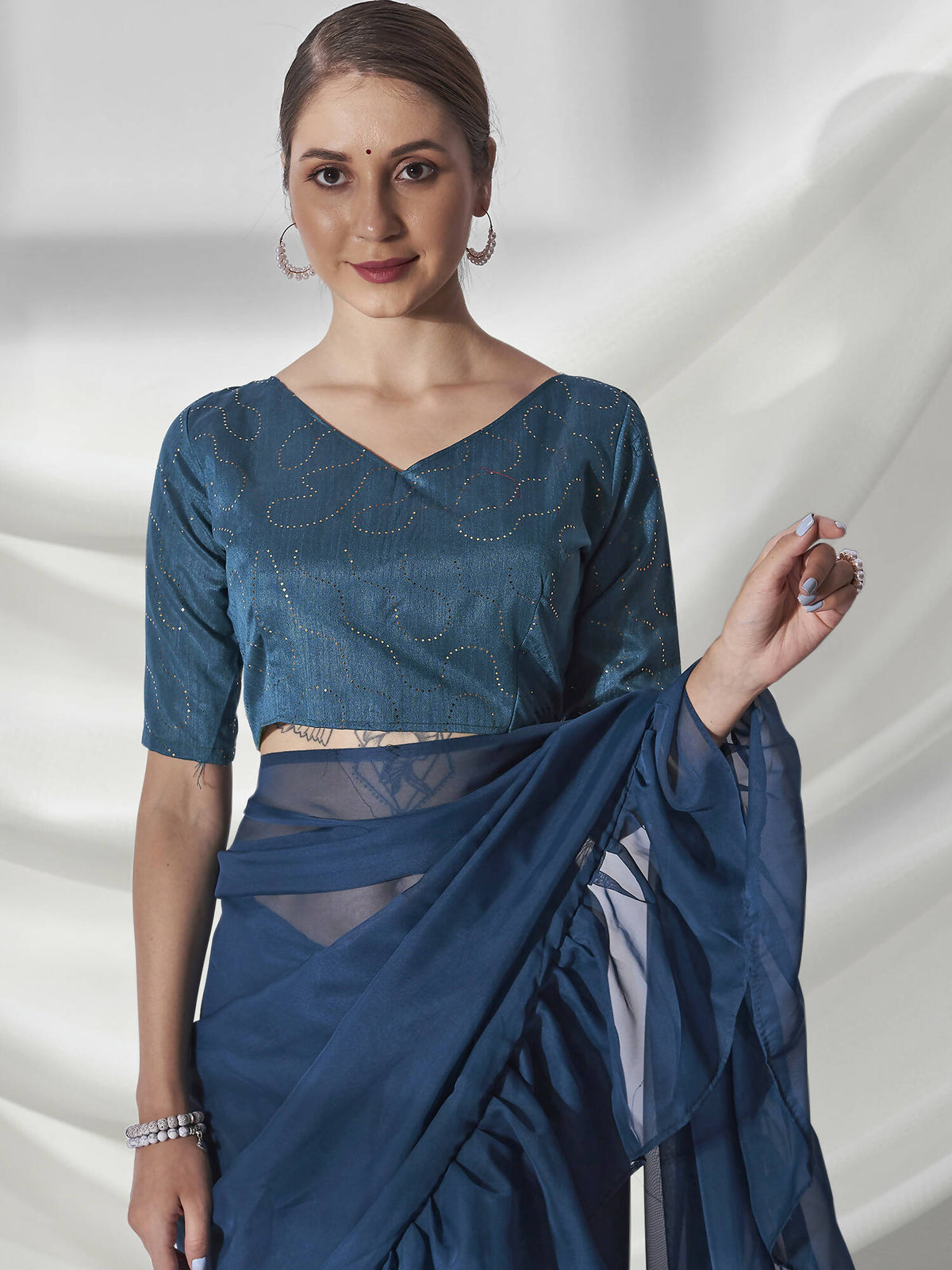 Teal Organza Solid Saree With Unstitched Blouse Piece - Shanaya | Grocsy