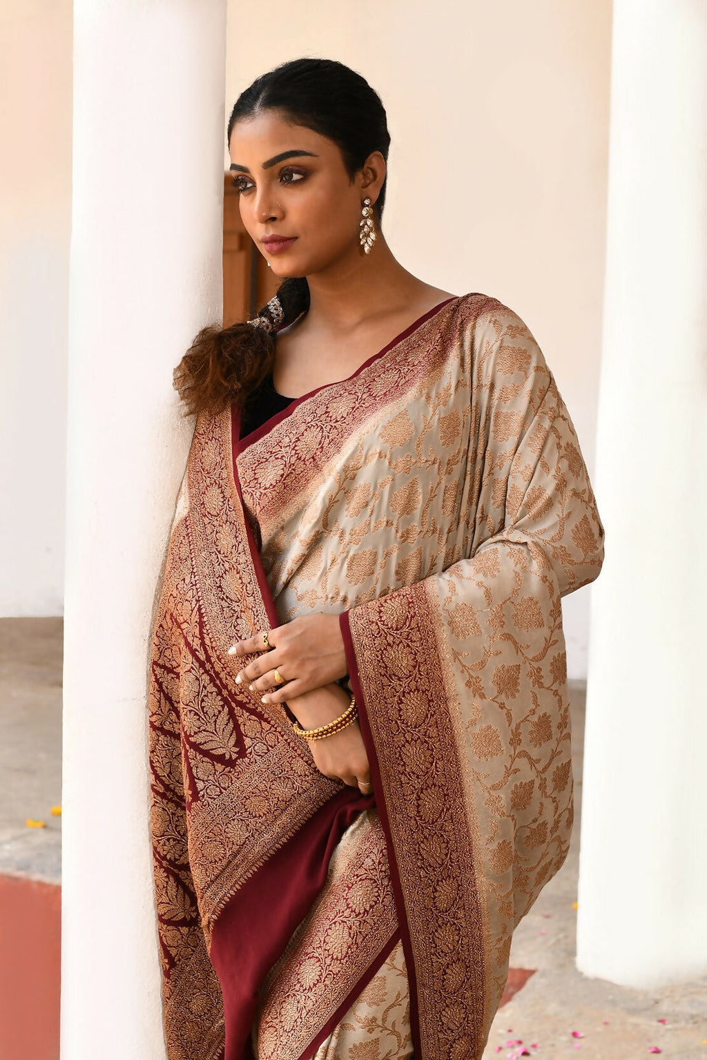 Joban Fashion Crème Crepe Chiffon Pure Handloom Banarasi Silk Saree | Grocsy