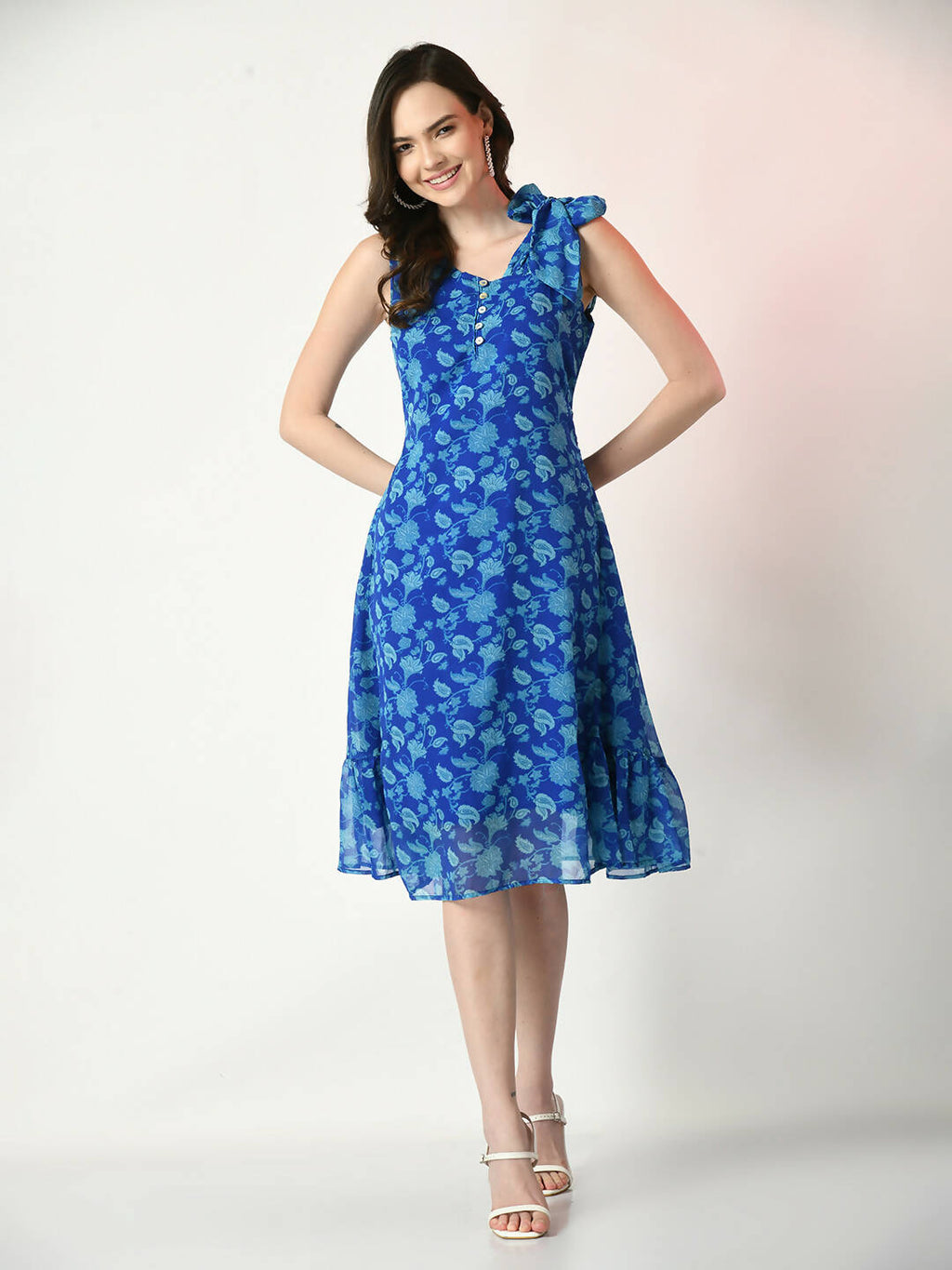 Myshka Women's Blue Fit and Flare Printed Dress | Grocsy