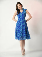 Myshka Women's Blue Fit and Flare Printed Dress | Grocsy