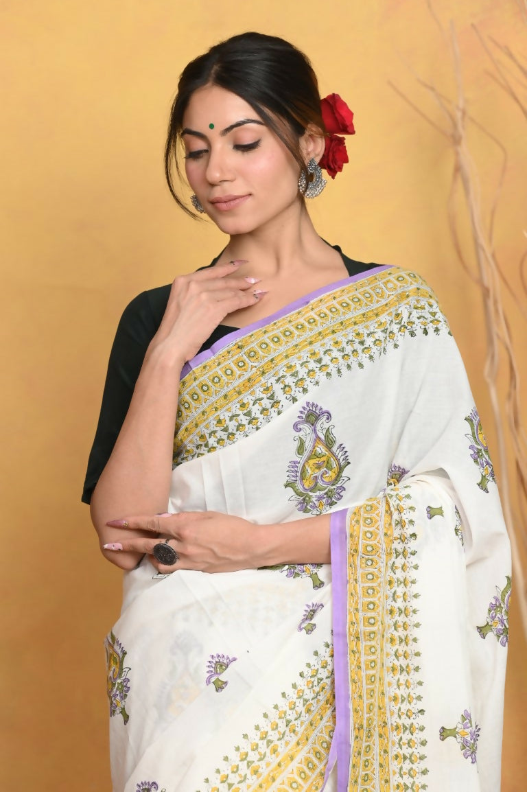 Very Much Indian Handblock Printed Cotton Saree With Natural Dyes - White | Grocsy
