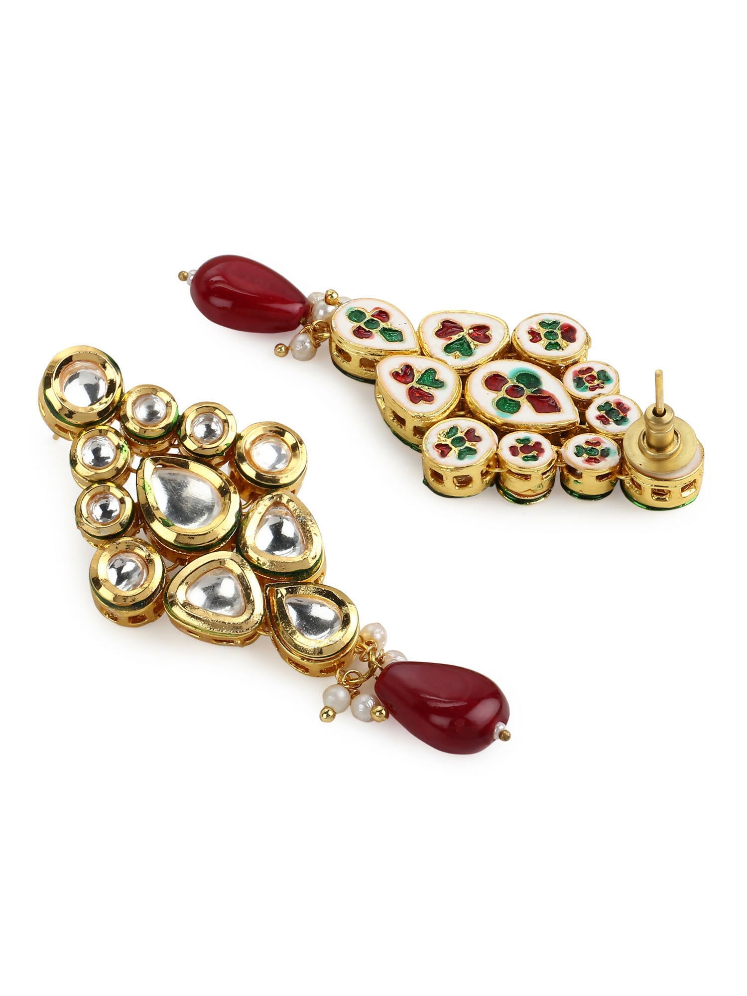 Gold-Polished White Maroon Kundan Studded Beaded Handcrafted Jewellery Set - Ruby Raang | Grocsy