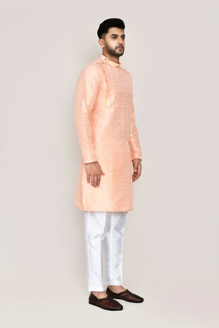Joban Fashion Peach Colored Jacquard Silk Fabric Kurta With Straight Fit Pant | Grocsy