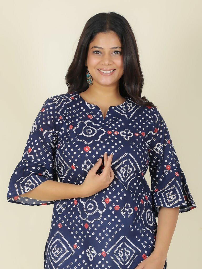 Aramya Straight Soft Cotton Bandhani Print Women's Kurta - Blue | Grocsy