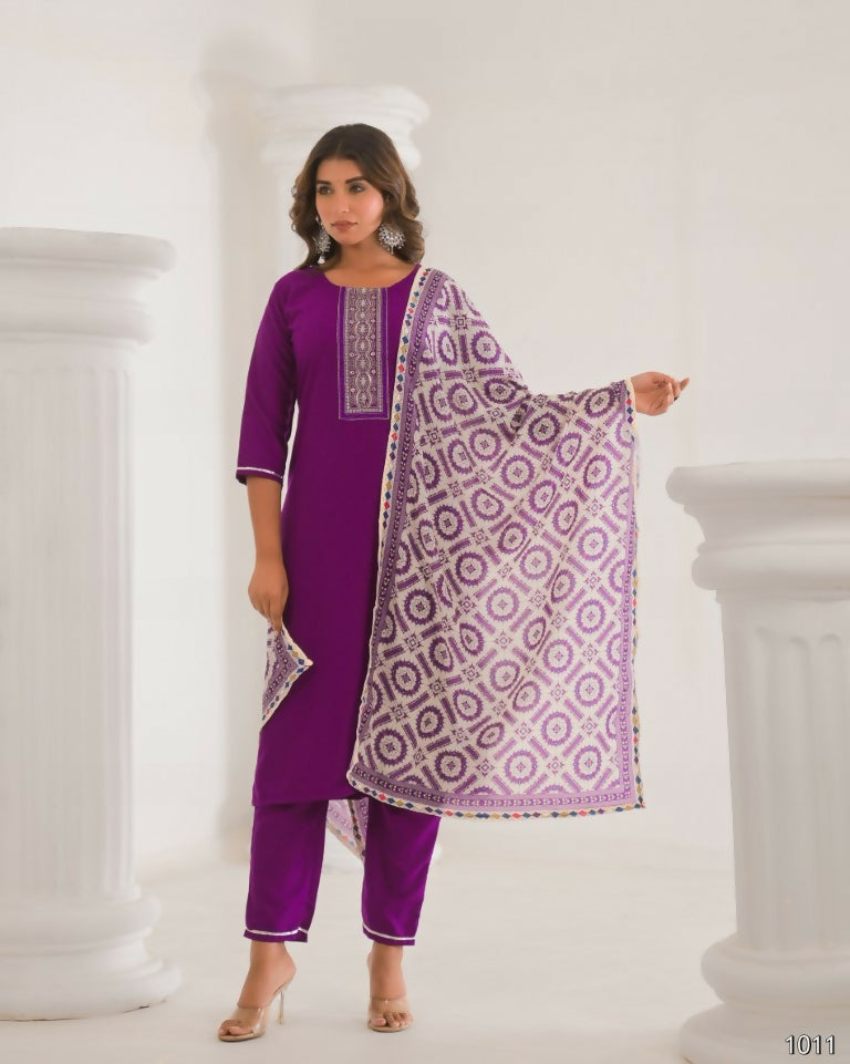Festive Ethnic Viscose Chanderi Purple Stitched Suit With Dupatta - Rashmika | Grocsy