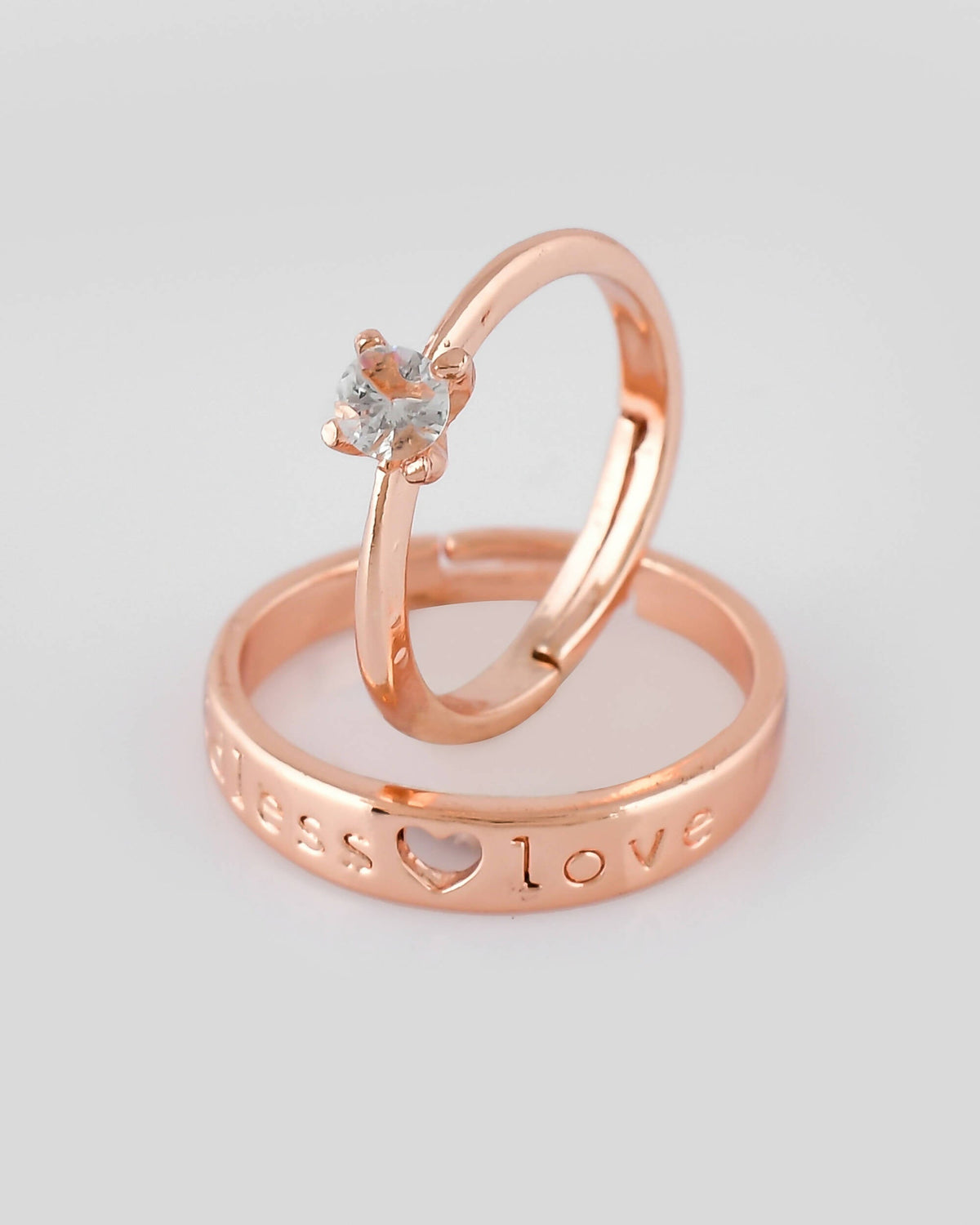 VOJ Stainless Steel Cubic Zirconia Gold-Polished Adjustable Couple Ring Set | Grocsy