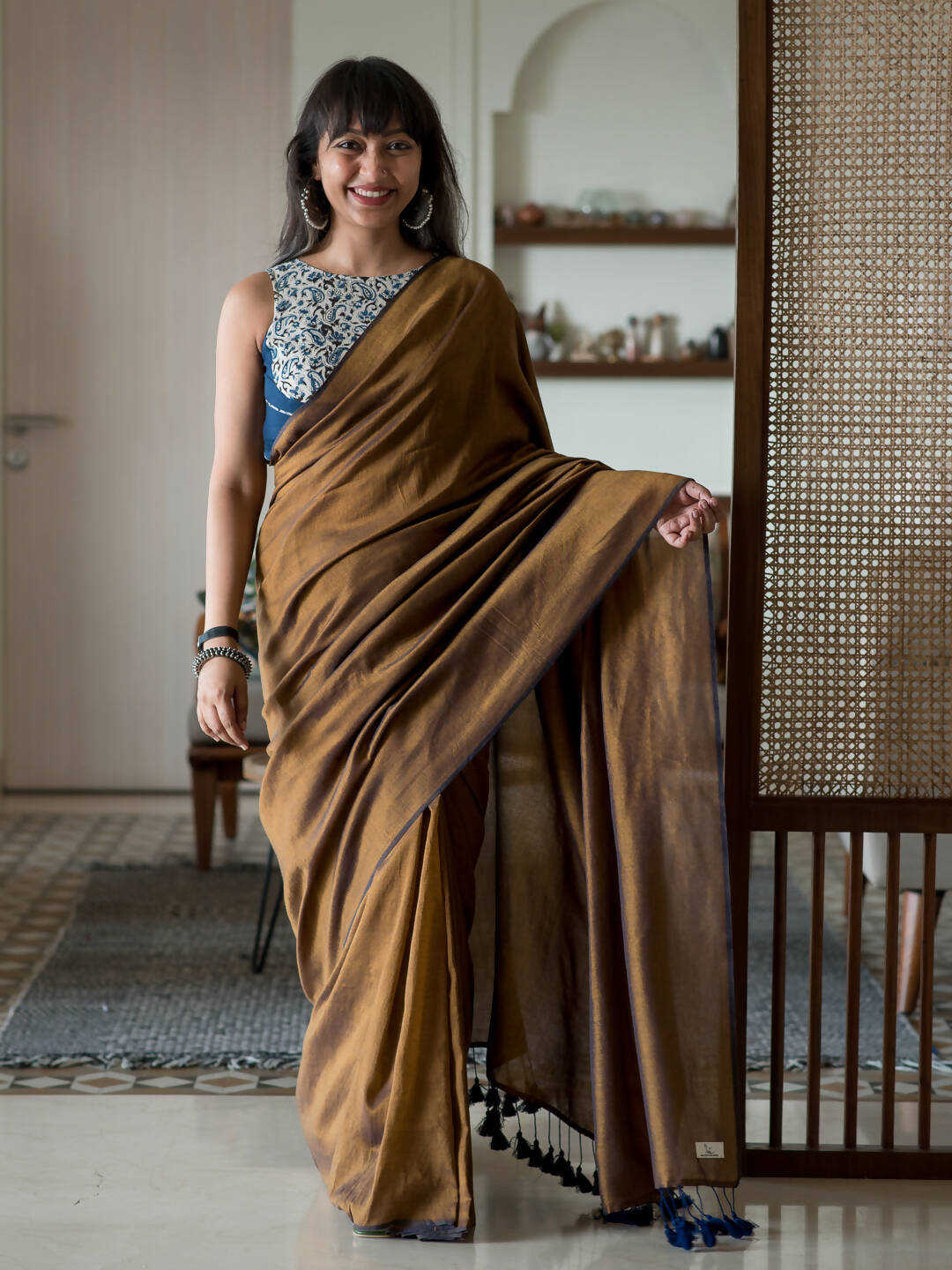 Suta Brown Solid Cotton Blend Saree | Grocsy
