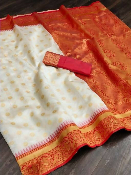 DEIANA'S Beautiful Designer Golden zari Soft Lichi Silk Saree - White | Grocsy