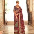 Maroon Silk With Banarasi Print Work Saree - Trirath Yamuna | Grocsy