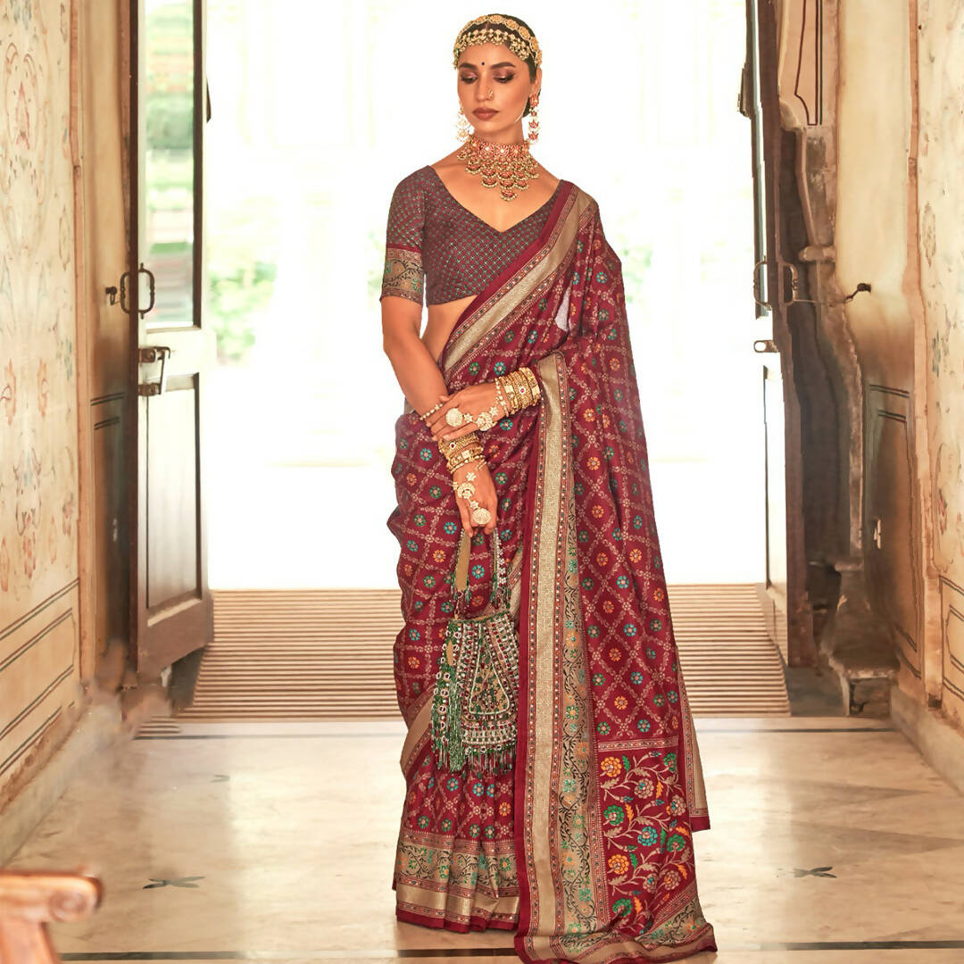 Maroon Silk With Banarasi Print Work Saree - Trirath Yamuna | Grocsy