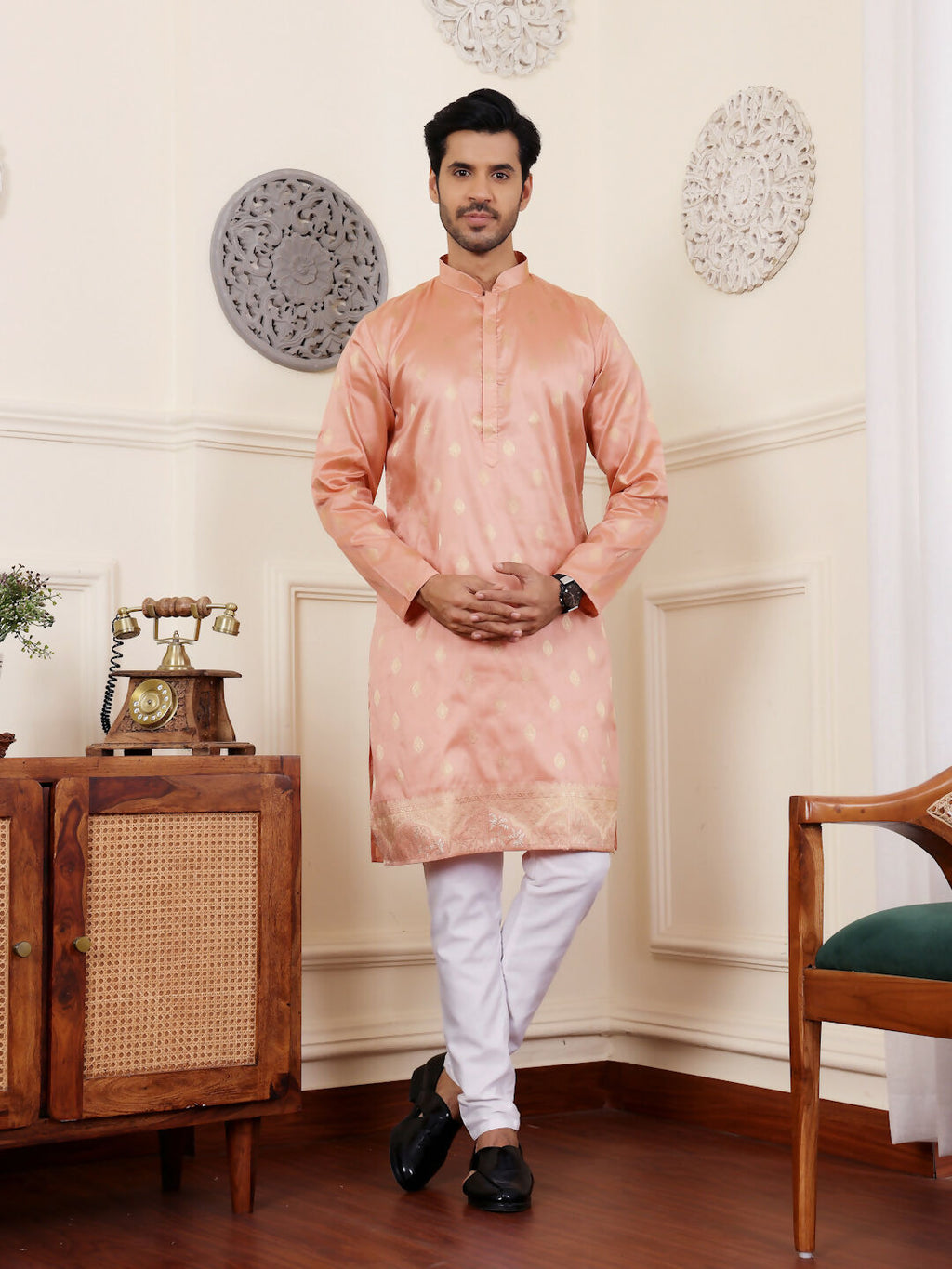 Peach Viscose Woven Jacquard Work Men's Rajwadi Kurta Set - Mahotsav | Grocsy