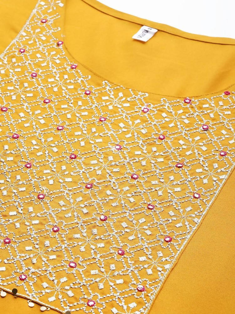 Yufta Women's Mustard Rayon Kurti With Pant Dupatta Set | Grocsy