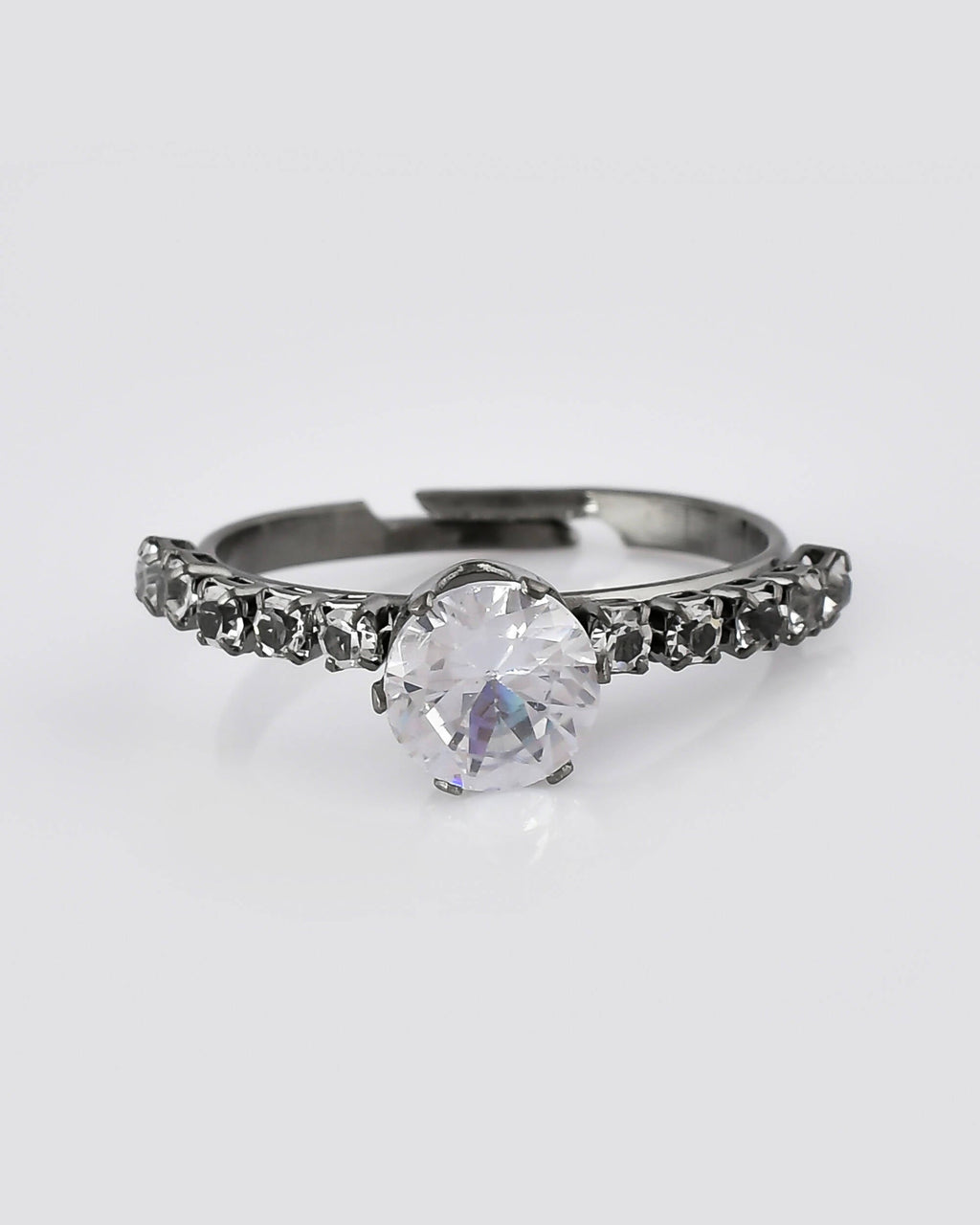 VOJ white CZ-detail Stainless Steel Cubic Zirconia Rhodium Plated Adjustable Finger Ring | Grocsy